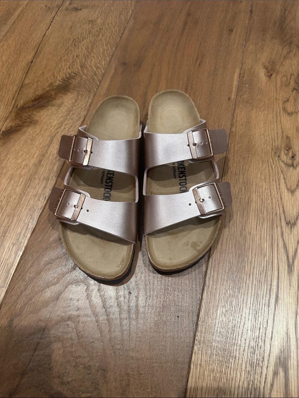 Birkenstock Kids Double-Buckle Slide Sandals in Metallic Rose Gold